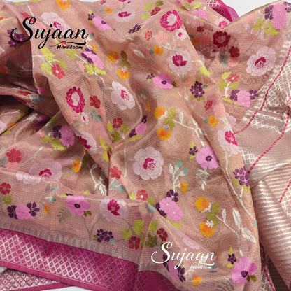 Close up View: Zari Woven Kota Doria Pink Floral Saree
