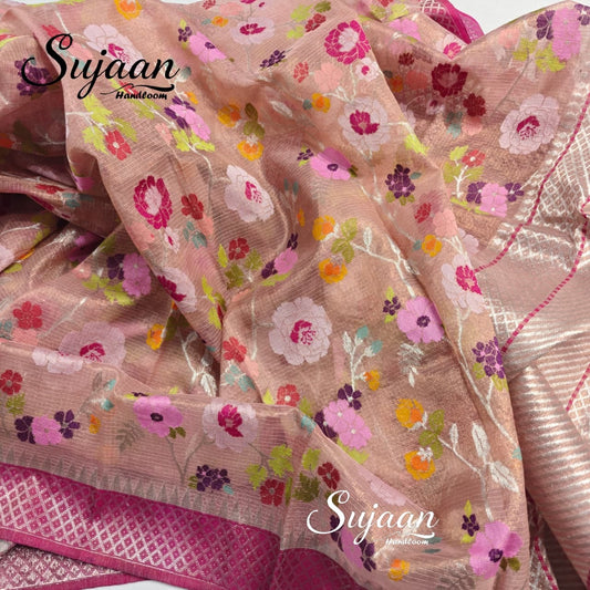 Close up View: Zari Woven Kota Doria Pink Floral Saree