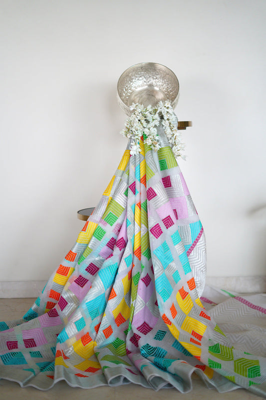 Kota Single Tissue Saree With Phulkari Design Multi-color