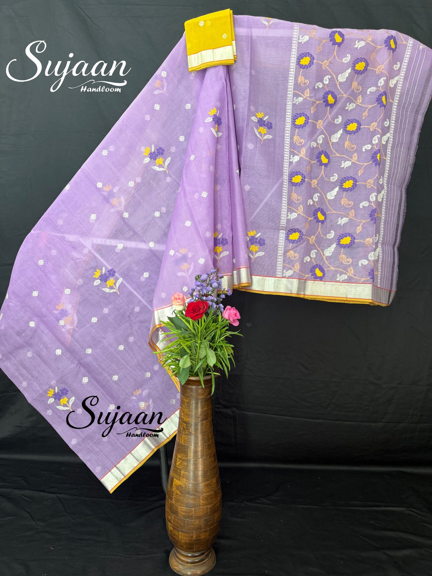 Front View: Lavender Zari Kota Saree with Floral Work & Yellow Blouse
