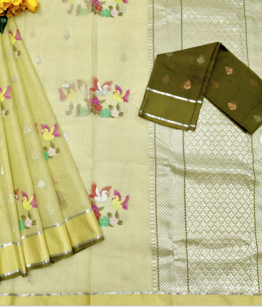 Lemon Yellow Kota Saree Bird Motifs & Silver Geometric Pallu