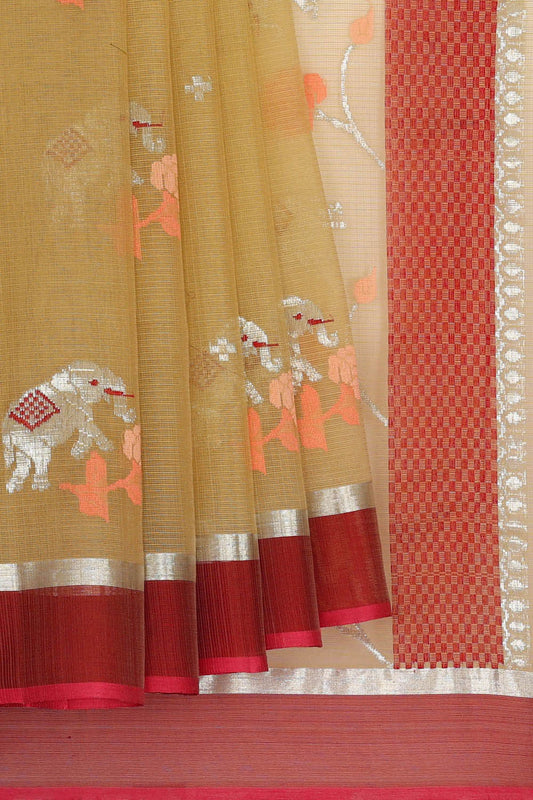 Light Yellow Kota Saree with Silver Zari Elephant Motifs & Red Border