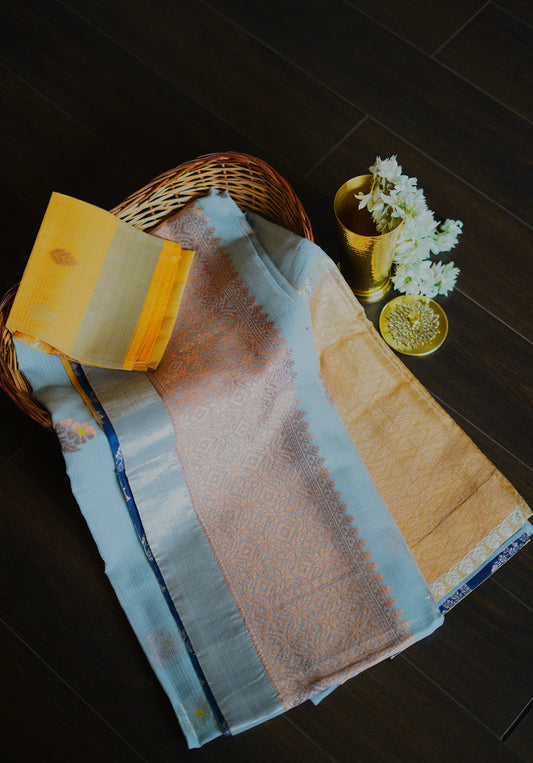 Metallic Light Blue Copper & Silver Zari Work Kota Saree