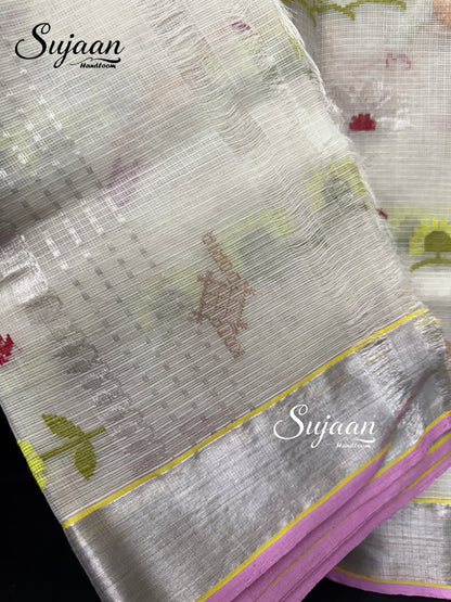 Closeup View: Saree with Bird Weave & Pink Border