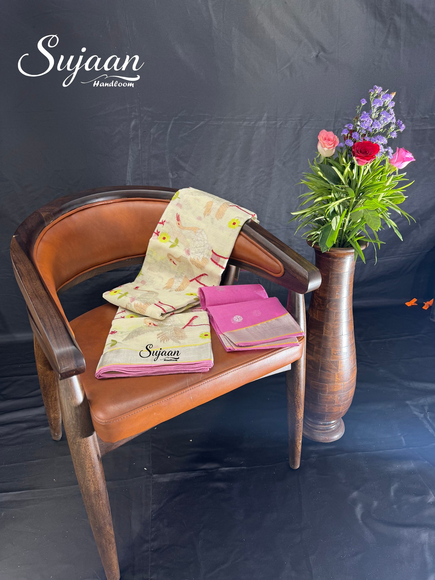 Folded View: Zari Kota Saree with Bird Weave & Pink Border