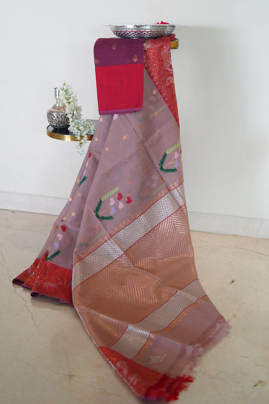 Onion Pink Handwoven Kota Saree with Kanchi Border