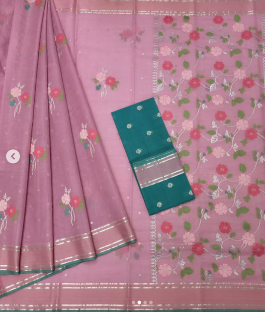 Onion Pink Kota Doria Saree with Handwoven Floral Motifs & Zari