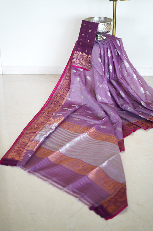 Purple Kota Non-Tissue Saree with Silver Butis & Kanchi Border