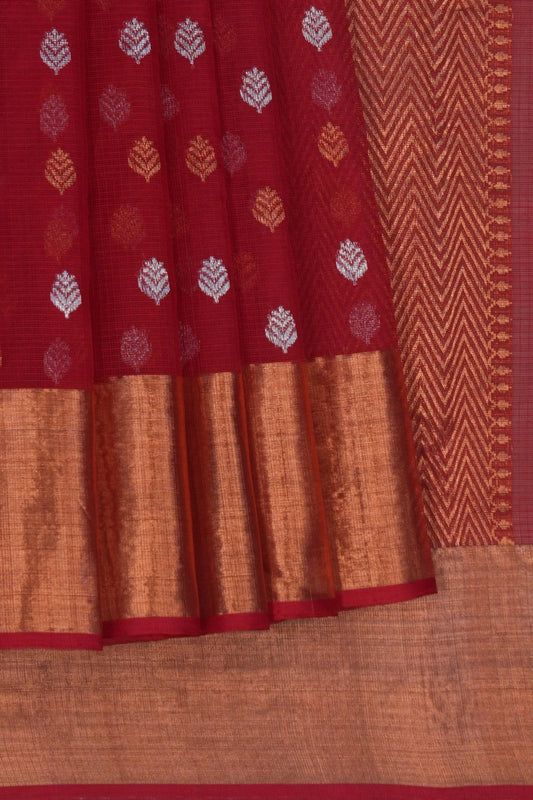 Red Zarikota Saree - Gold Flora Weave Chevron Pallu