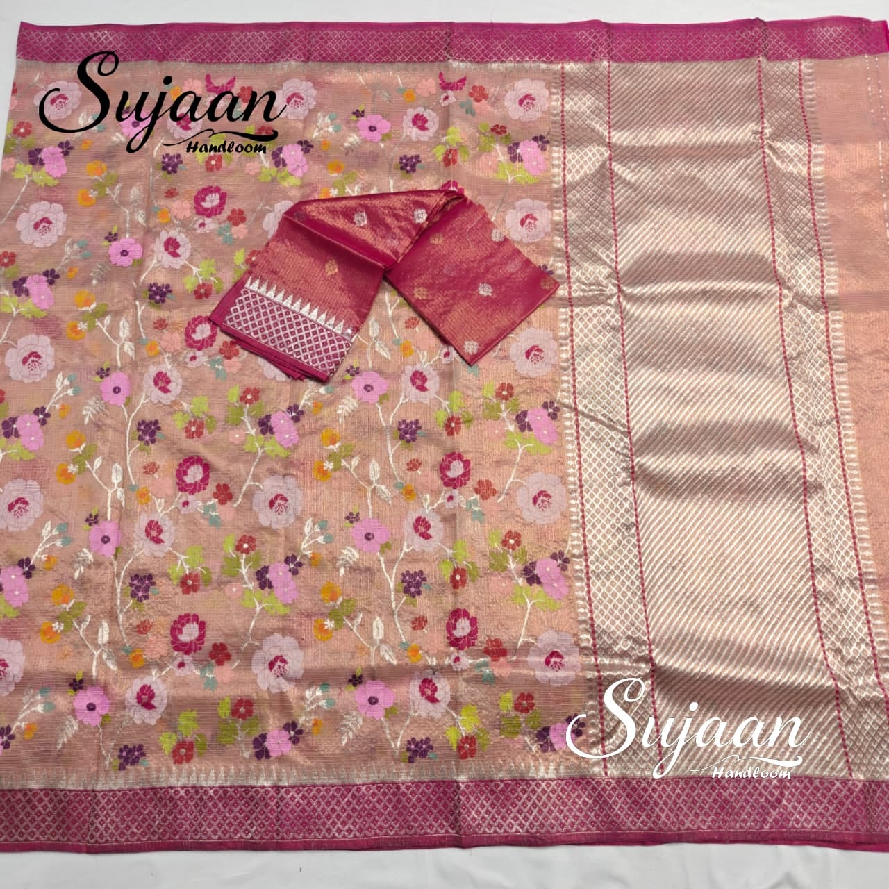 Front View: Rich Zari Woven Kota Doria Pink Floral Saree