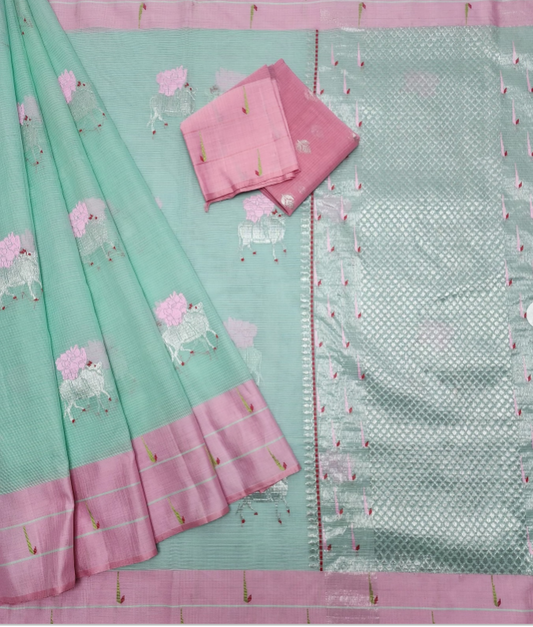Sea Green Saree with contrast Pink Border and Blouse