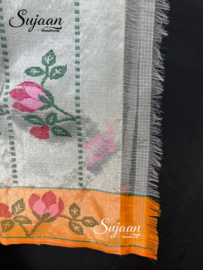 Border View: Silver Grey Zari Kota Saree with Multicolored Floral & Bird Jaal