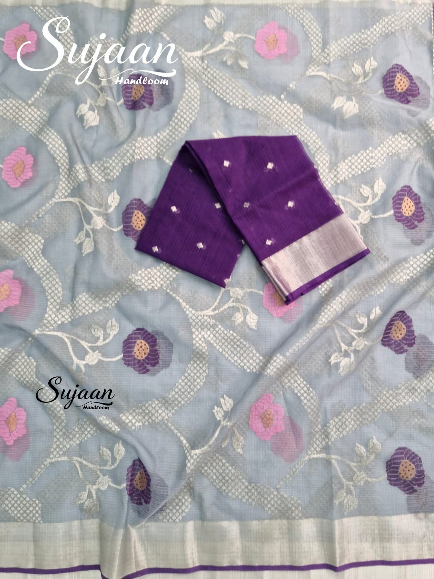 Blouse View: Silver Zari Kota Doria Saree.