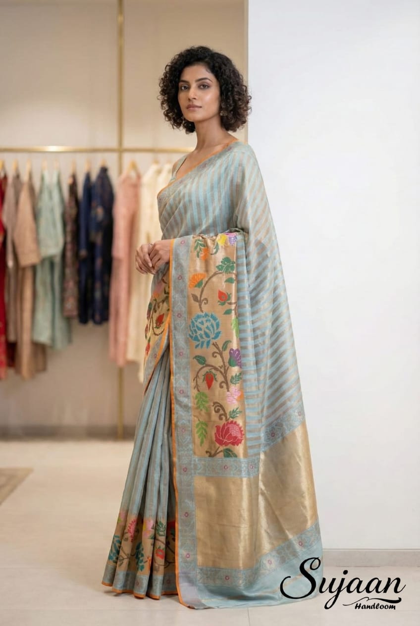 Drape View: Sky Blue Real Zari Tissue Kota Saree with Lehariya Stripes & Paithani Border