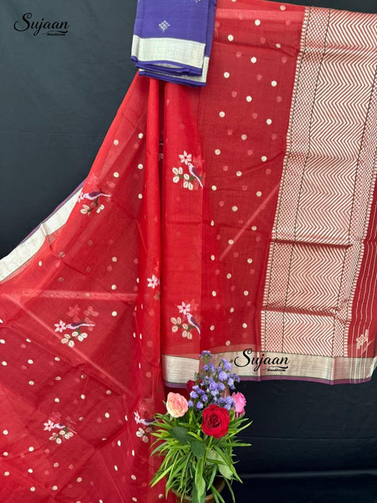Full View: Vibrant Red Zari Kota Saree with Bird Motifs & Royal Blue Blouse
