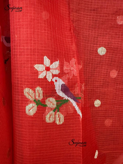 Closeup View: Saree with Bird Motifs