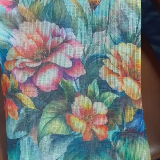 Full Folded View in Video: Aqua Blue Digital Floral Print Zari Kota Saree - Handloom