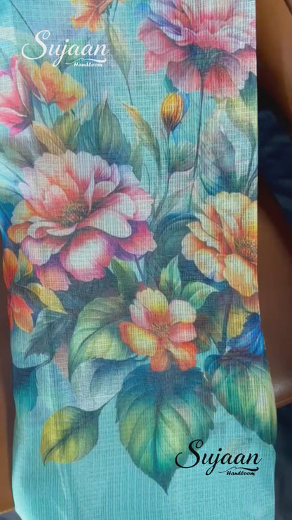 Full Folded View in Video: Aqua Blue Digital Floral Print Zari Kota Saree - Handloom