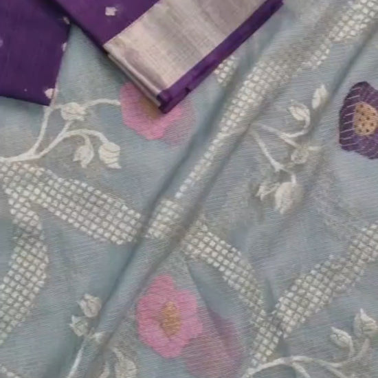 Full View In Video: Silver Zari Woven Grey Kota Saree