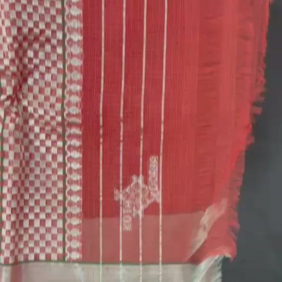 Full View in Video: Vibrant Red Zari Kota Saree with Bird Motifs & Royal Blue Blouse