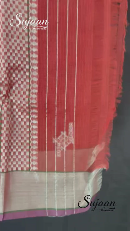 Full View in Video: Vibrant Red Zari Kota Saree with Bird Motifs & Royal Blue Blouse