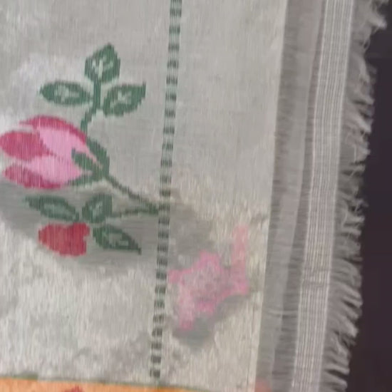 Full View in Video: Silver Grey Zari Kota Saree with Multicolored Floral & Bird Jaal