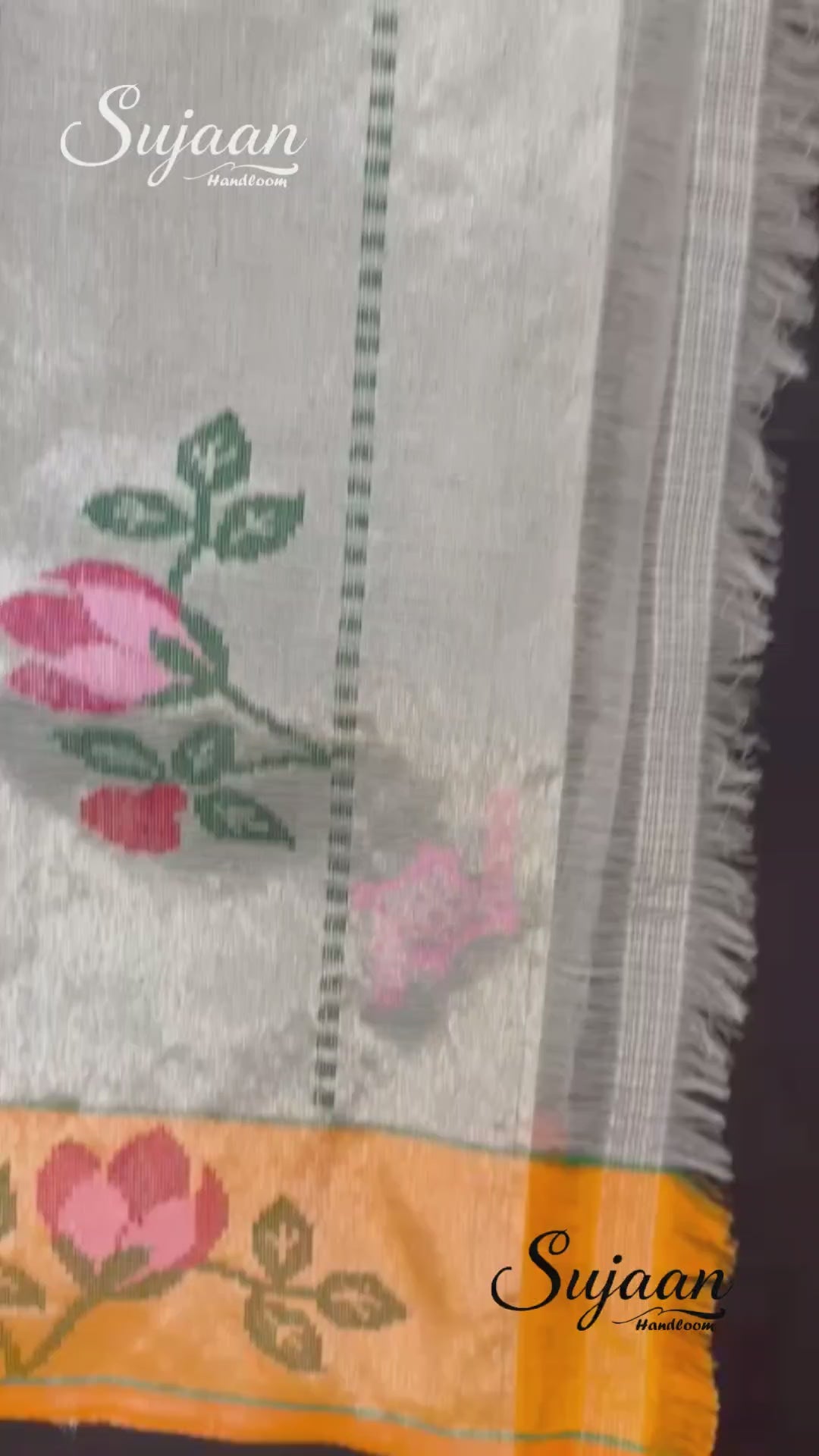 Full View in Video: Silver Grey Zari Kota Saree with Multicolored Floral & Bird Jaal