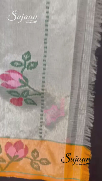 Full View in Video: Silver Grey Zari Kota Saree with Multicolored Floral & Bird Jaal