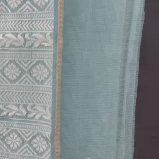 Full View in Video: Dusty Teal Zari Kota Saree with Flamingo & Silver Pallu