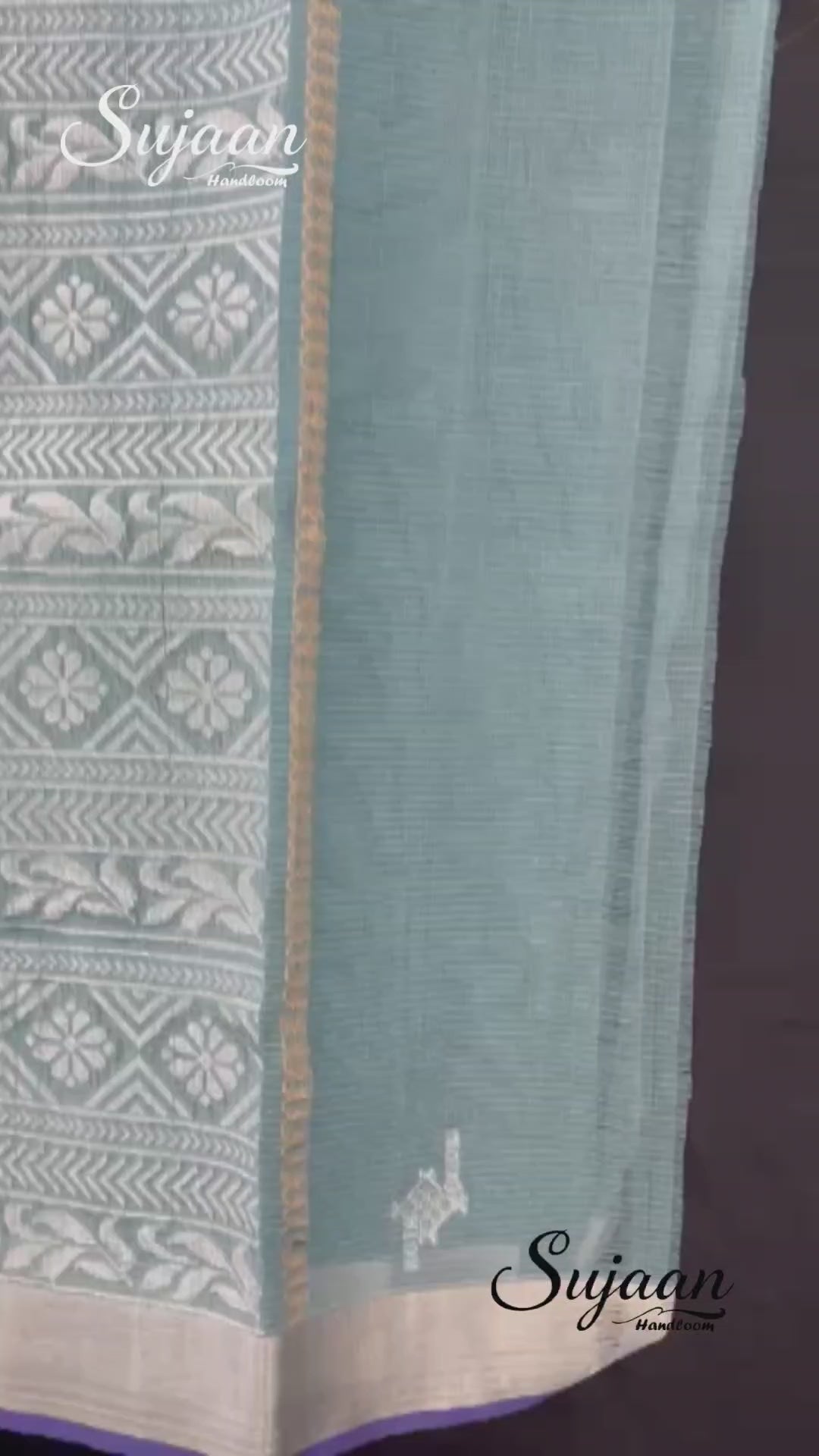 Full View in Video: Dusty Teal Zari Kota Saree with Flamingo & Silver Pallu