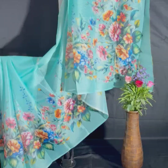 Full View in Video: Aqua Blue Digital Floral Print Zari Kota Saree - Handloom