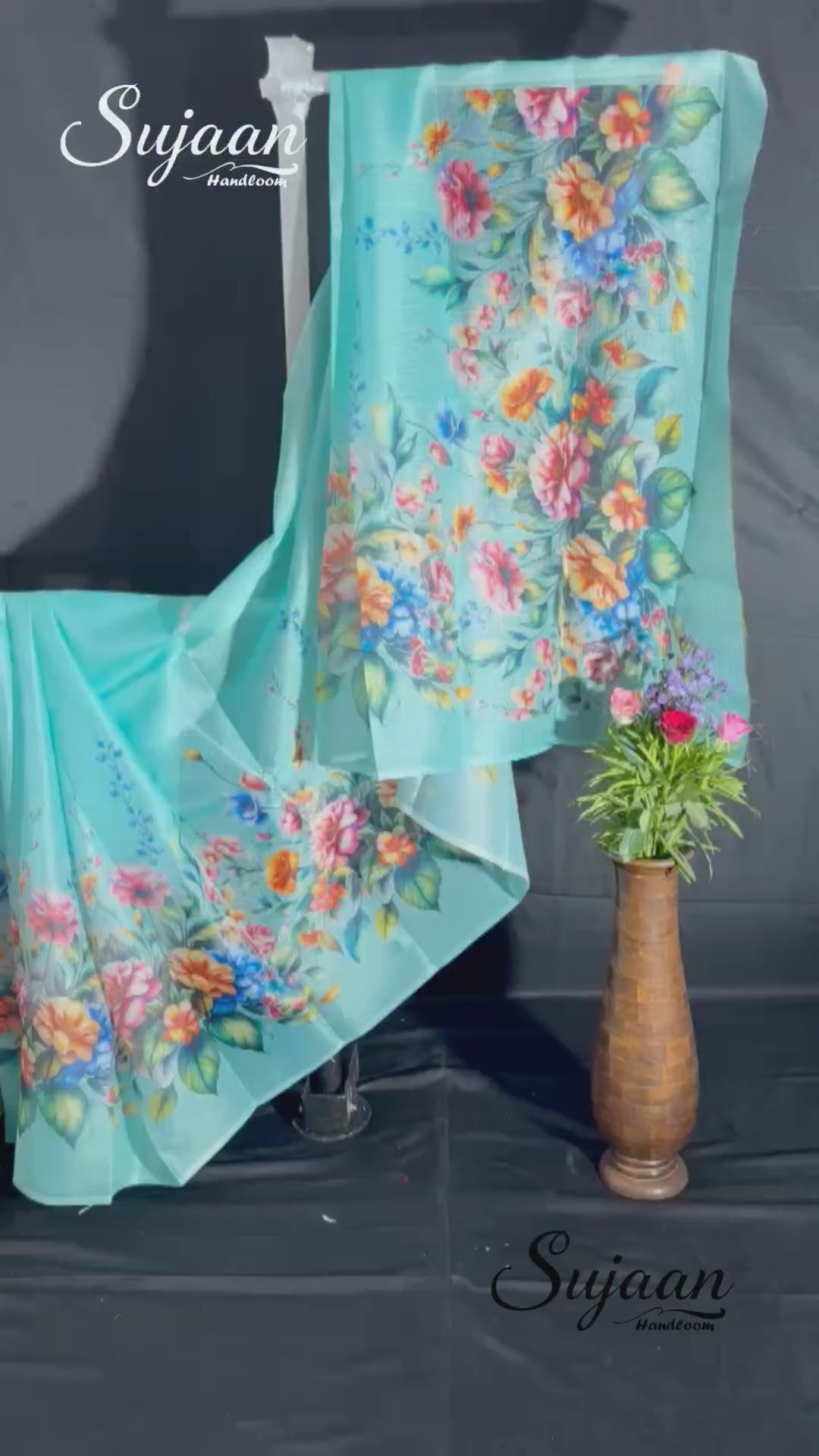 Full View in Video: Aqua Blue Digital Floral Print Zari Kota Saree - Handloom