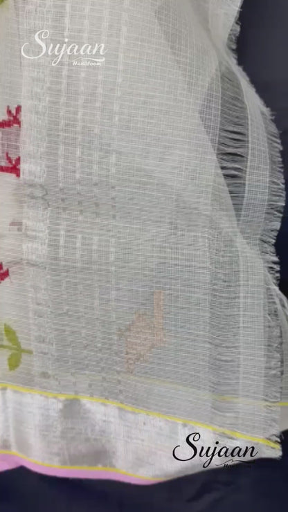 Full View in Video: Off-White Zari Kota Saree with Bird Weave & Pink Border