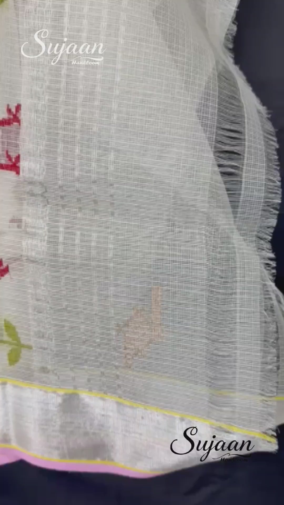 Full View in Video: Off-White Zari Kota Saree with Bird Weave & Pink Border