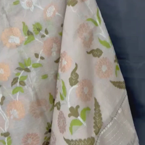 Full view in video: Beige/Off White Zari Kota Saree with Peach Floral Work and Green Blouse