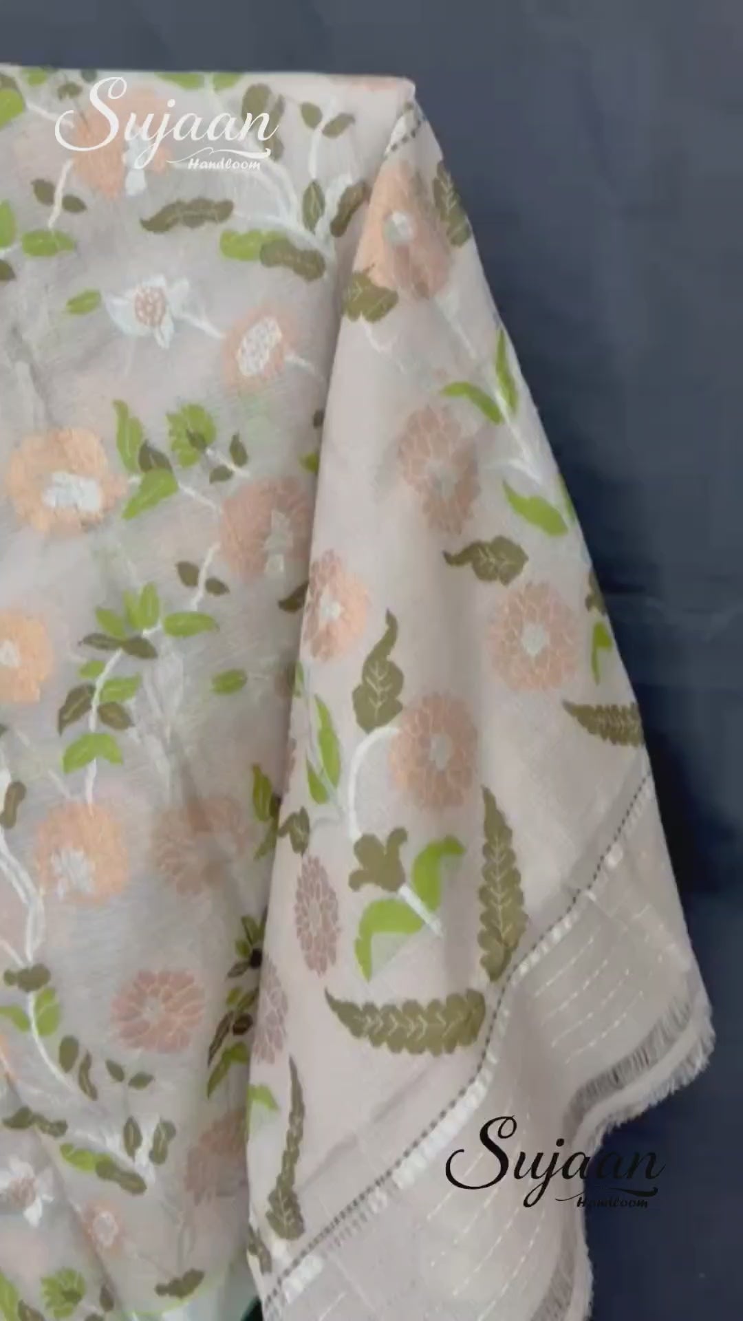 Full view in video: Beige/Off White Zari Kota Saree with Peach Floral Work and Green Blouse