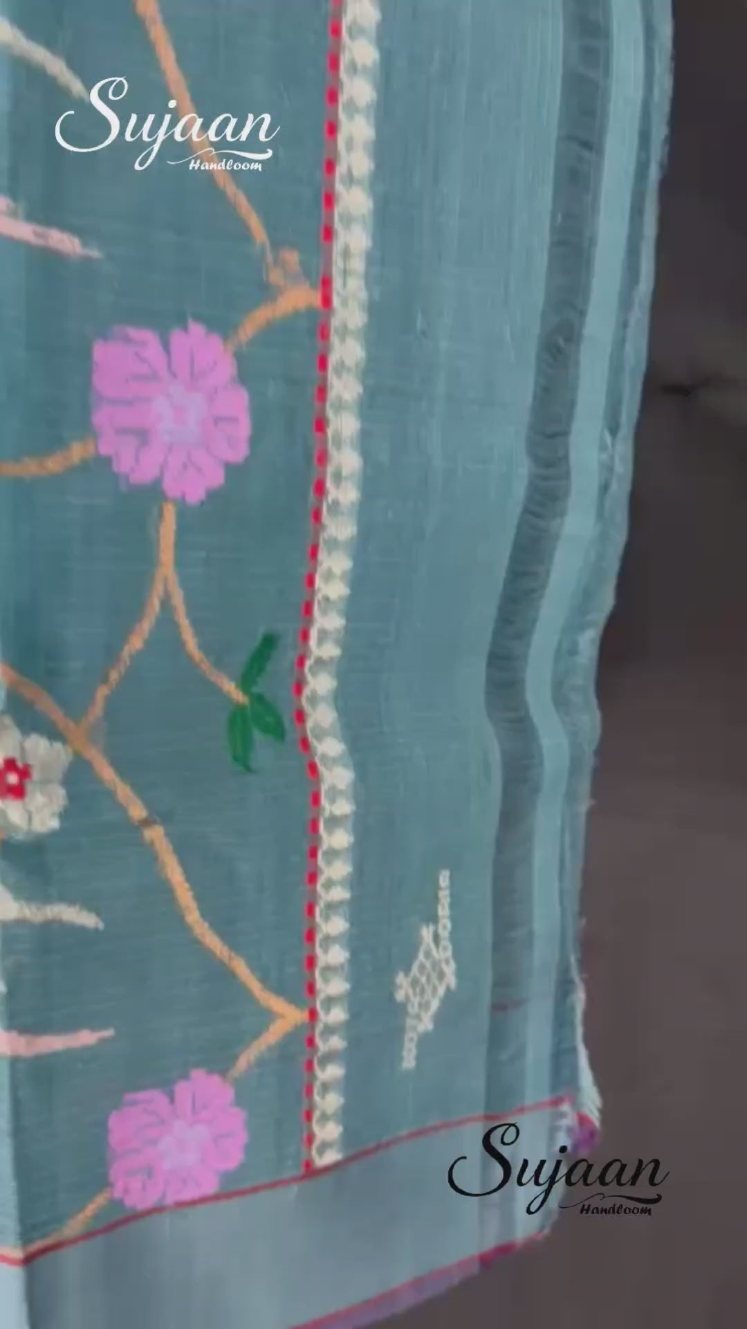 Full View in Video: Elegant Sky Blue Zari Kota Saree with Floral & Bird Work