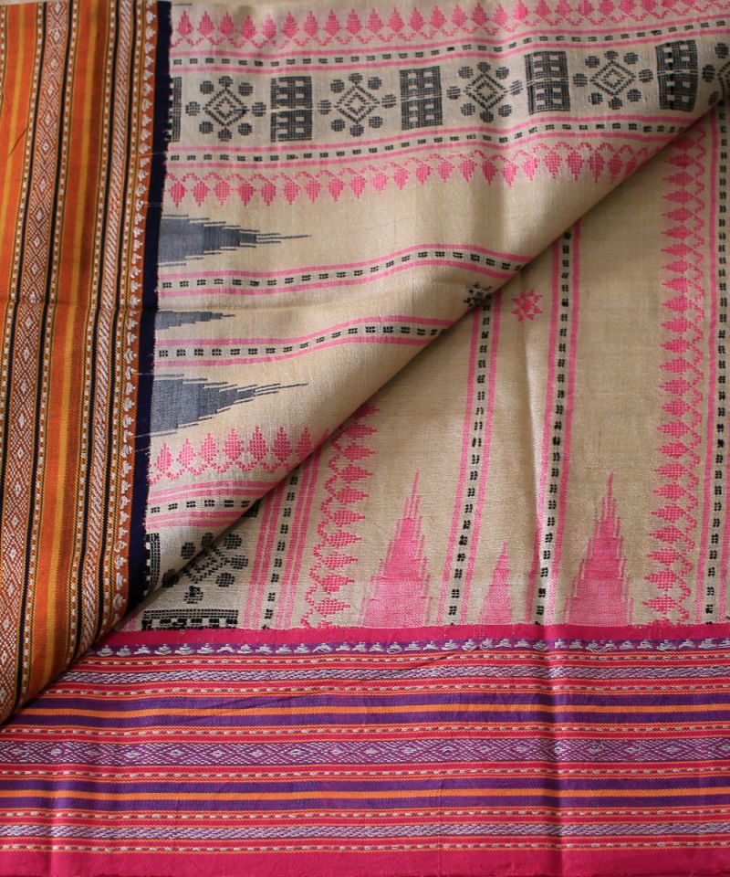 Tussar Silk Saree with Pink & Black Motifs