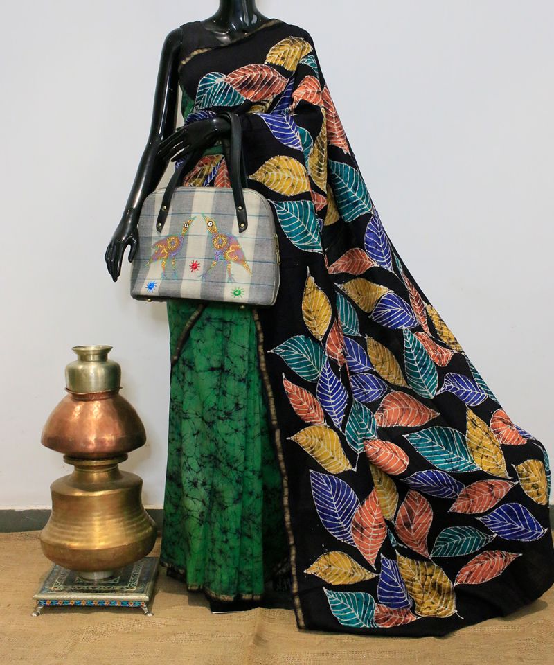 Contrast Black & Green Batik Saree