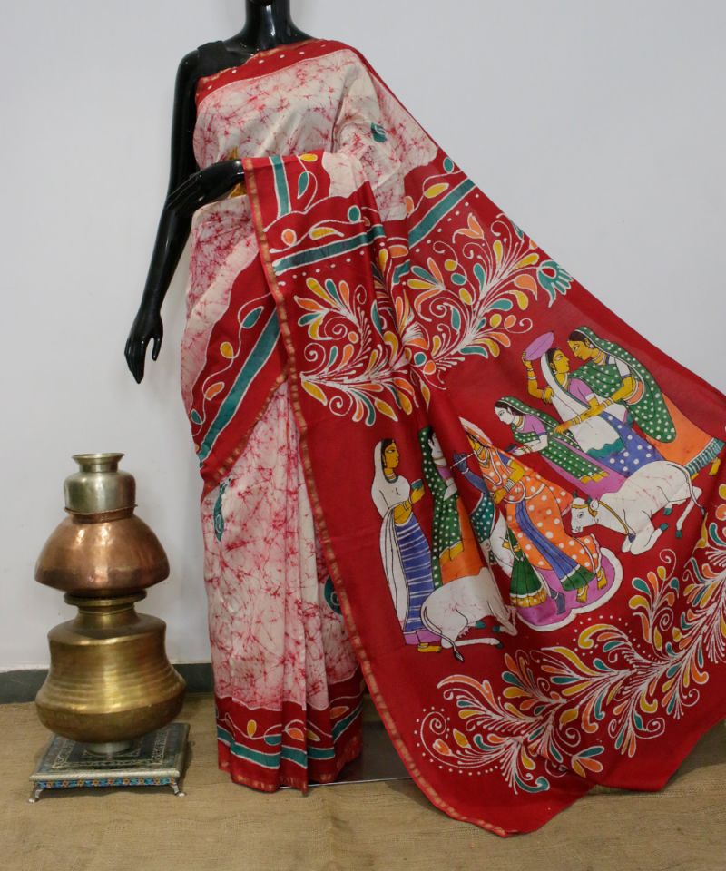 Red Pictorial Pallu | Women & Cow Motif