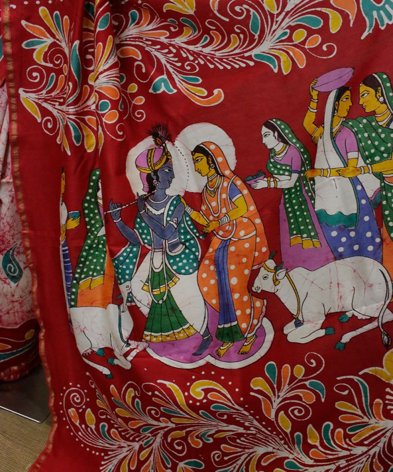 Red Pictorial Pallu | Women & Cow Motif Batik Cotton Saree