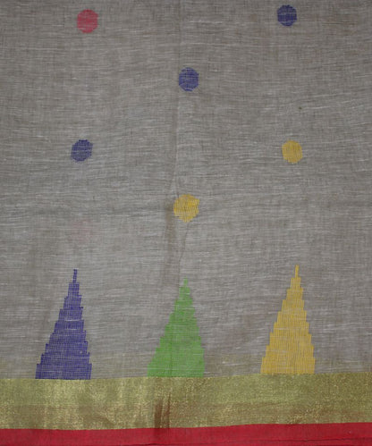 Jamdani Saree - Grey Linen with Rainbow Border