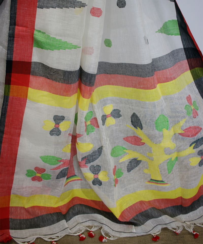 Linen Saree - with Colorful Jamdani Art