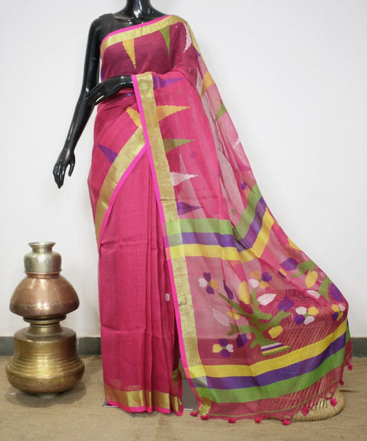 Rani Pink Linen Jamdani Handloom Saree