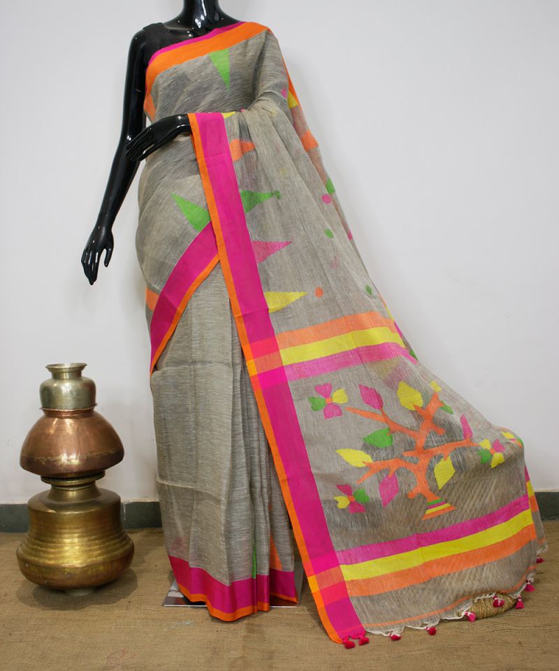 Contemporary Jamdani Saree - Natural Linen & Bright Border