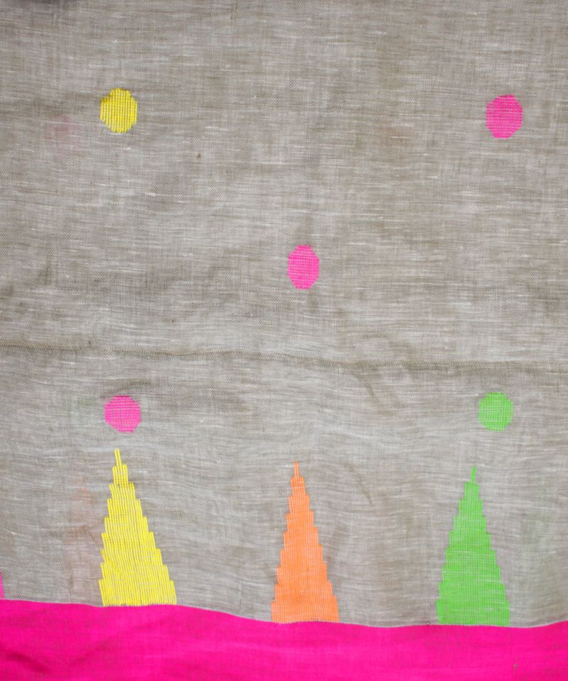 Jamdani Saree - Natural Linen & Bright Border