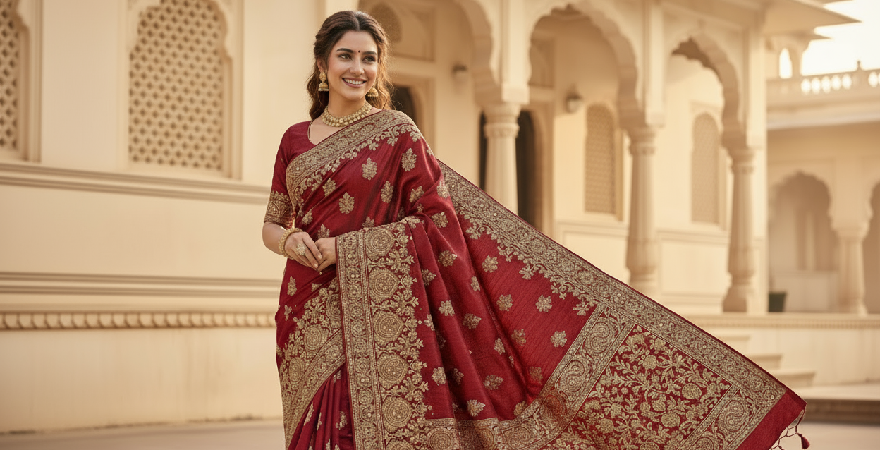 sari must be in red wine color but with hand work